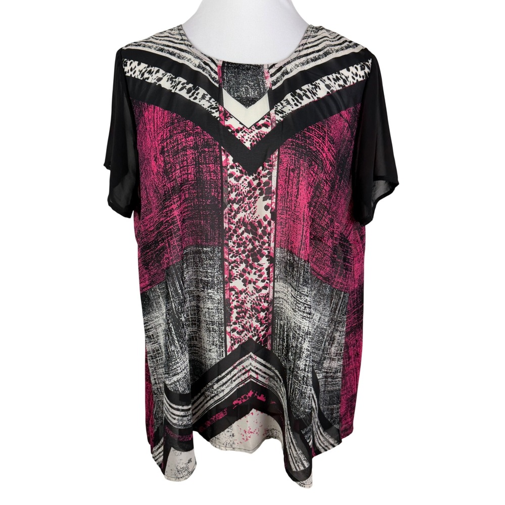 Eyeshadow Women's 1X Pink Black Geometric Animal Print High Low Blouse